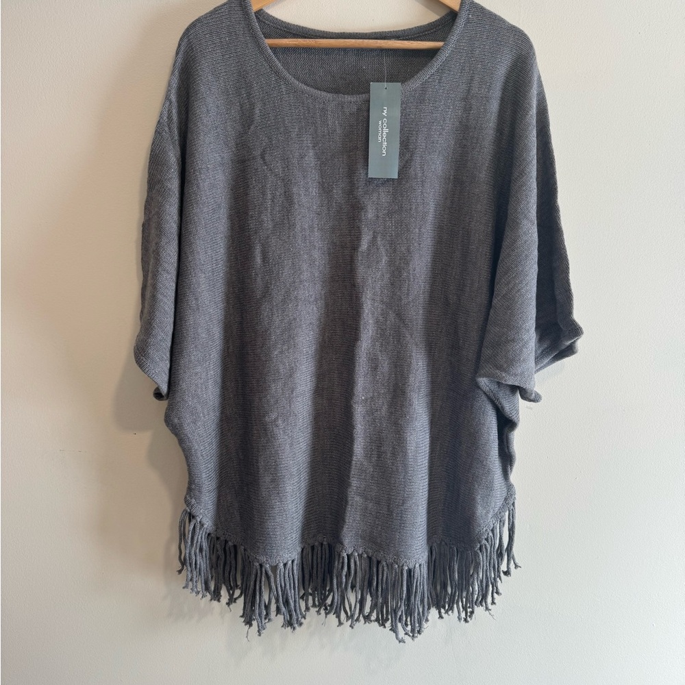 Ny Collection New Grey Short-Sleeve Crewneck Fringed Sweater 2X